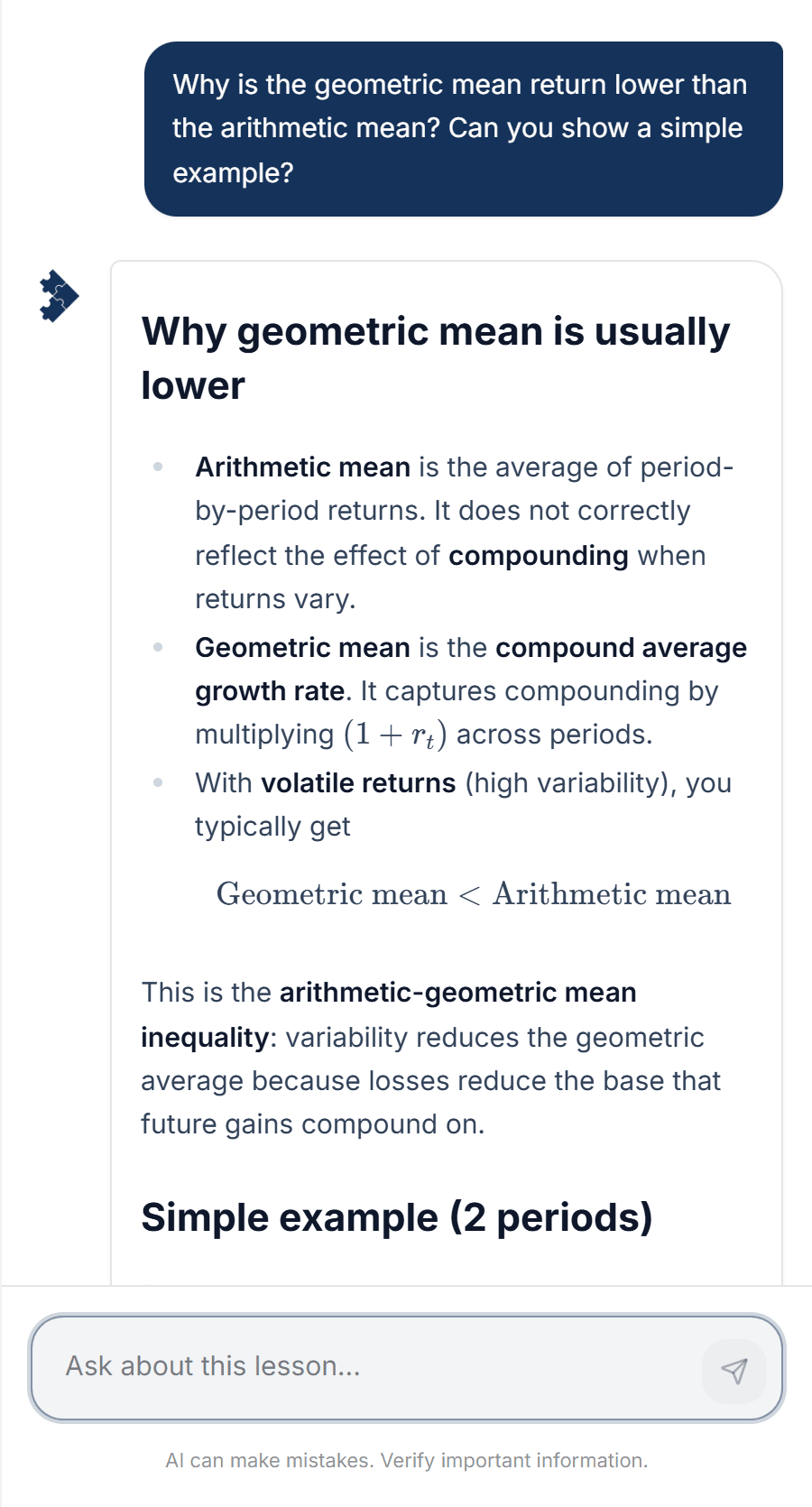 The AI tutor answering a question beside a lesson