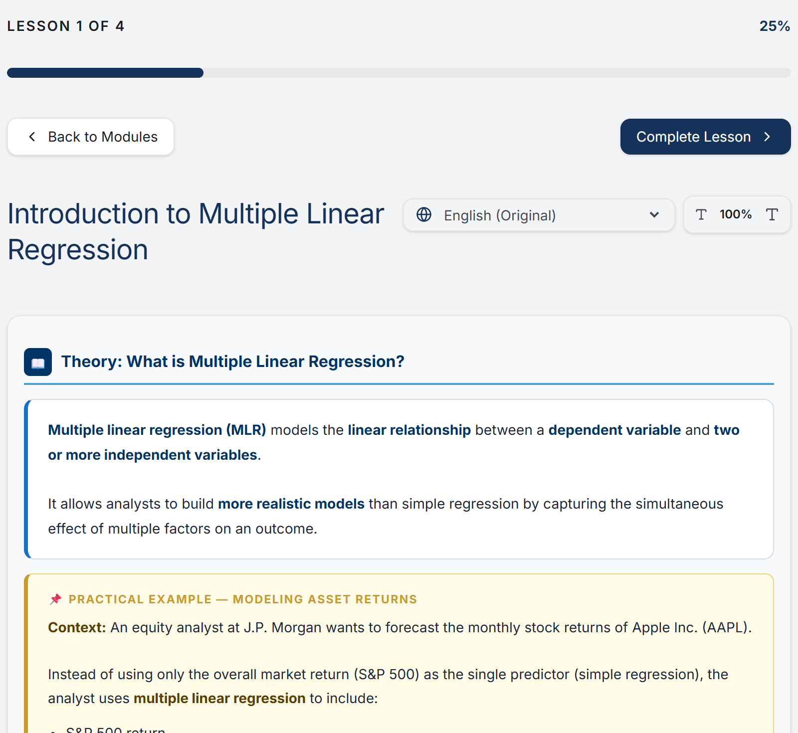 The first Level II lesson of the free module in EduFite