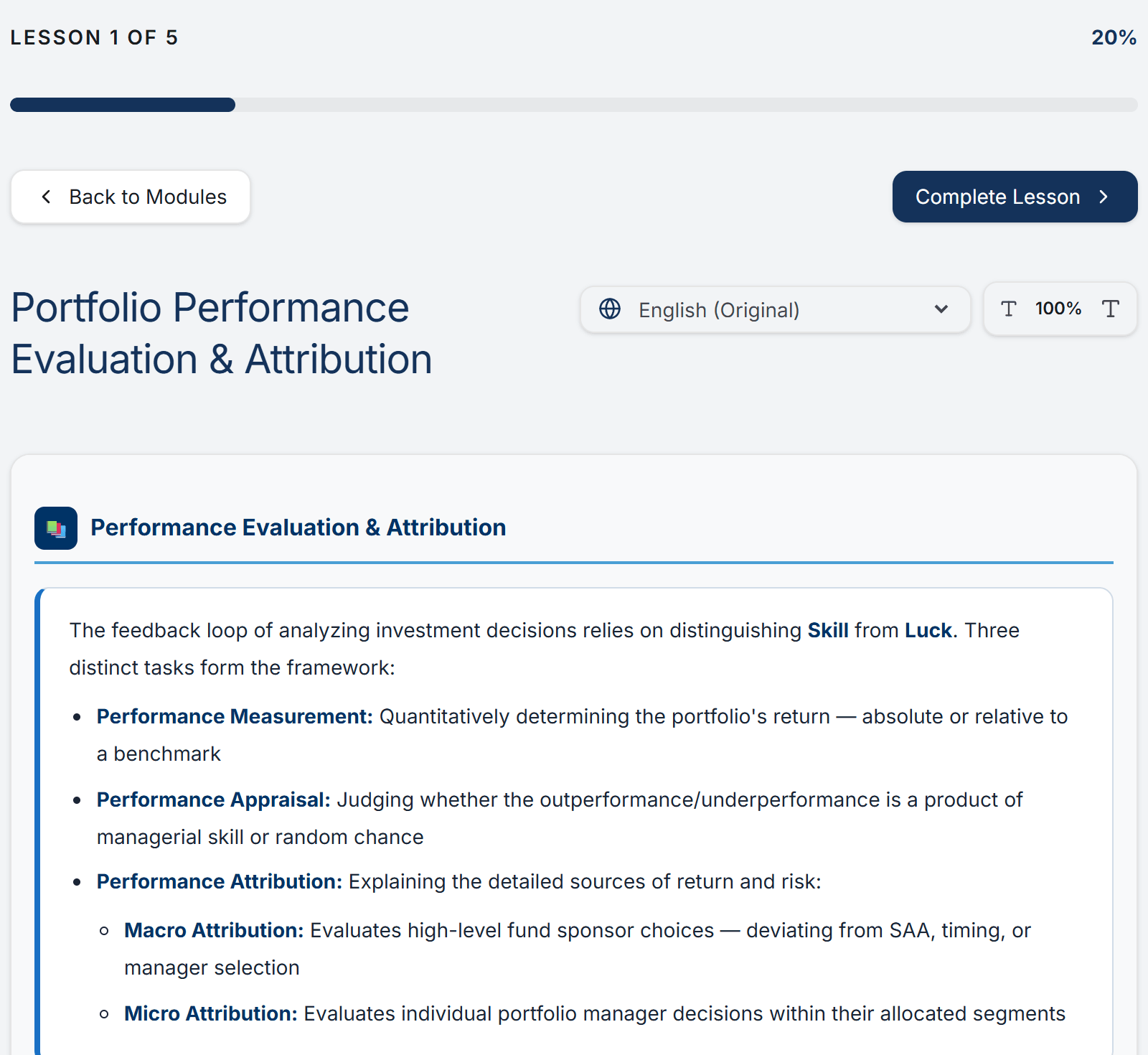 The first Level III lesson of the free module in EduFite