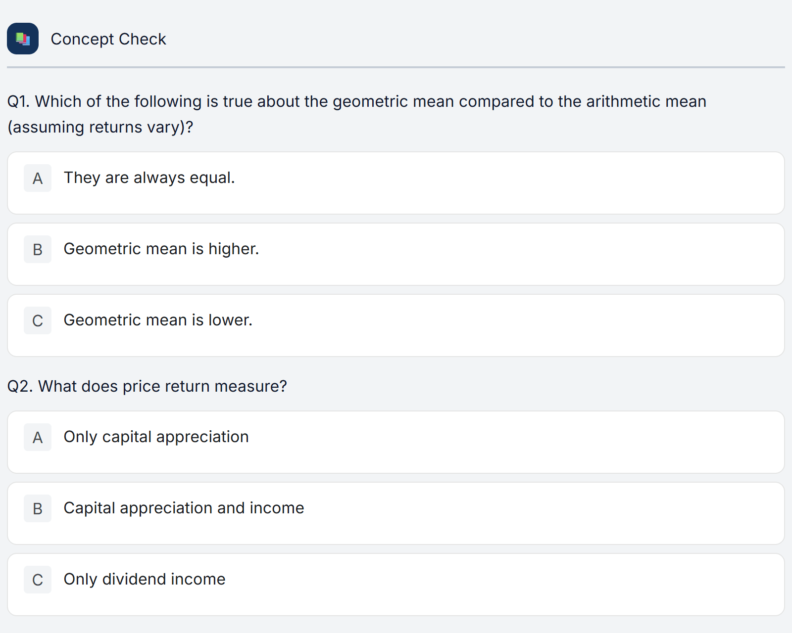 A concept check at the end of a lesson