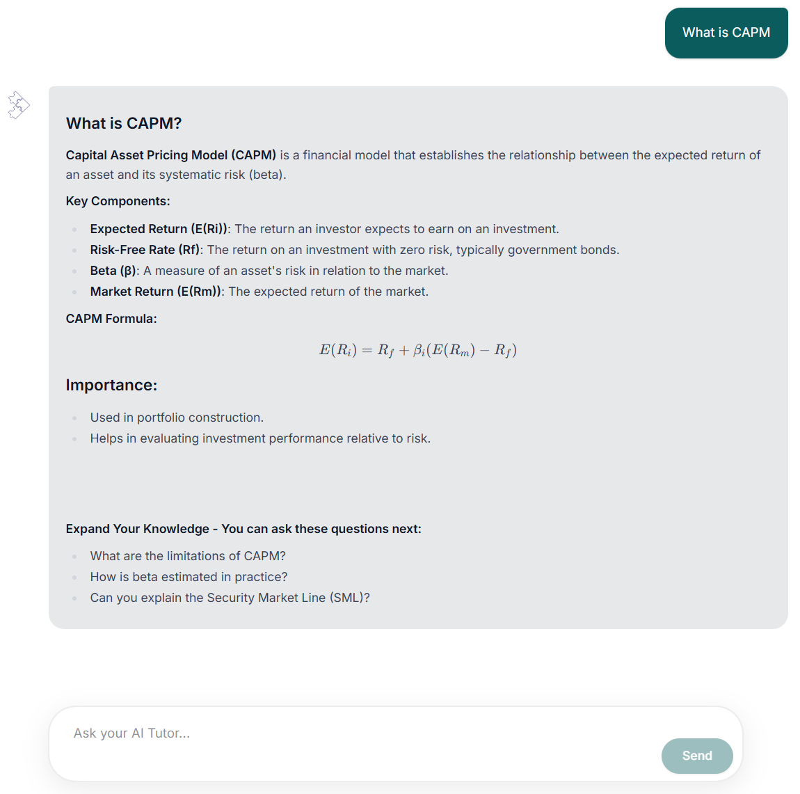 EduFite AI Tutor answering a question about CAPM