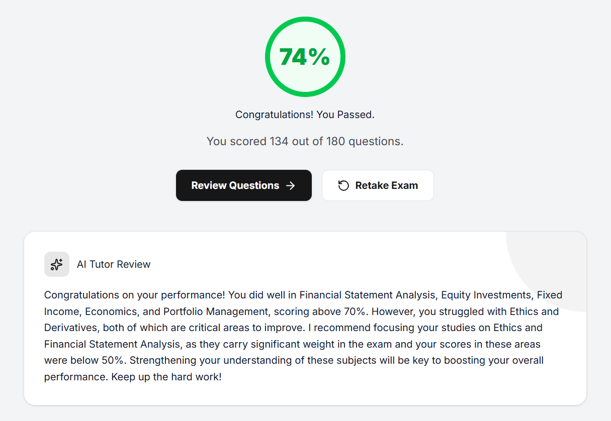 EduFite AI mock review with per-topic recommendations